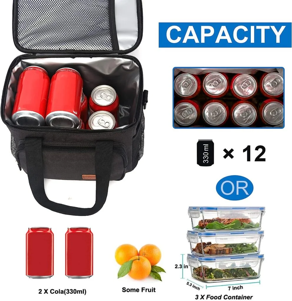 black insulated lunch bag holding 12 soda cans or 3 food containers and fruits