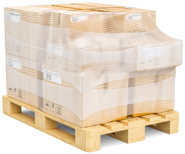 stack of cardboard boxes wrapped in stretch film on wooden pallet