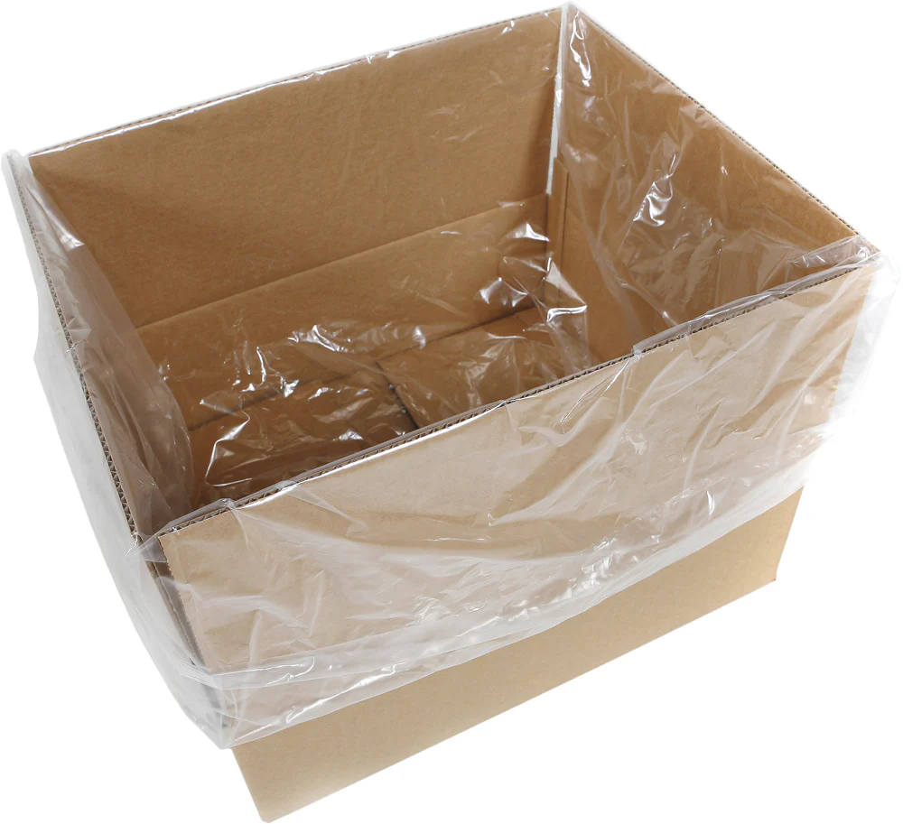 open cardboard box lined with clear plastic liner