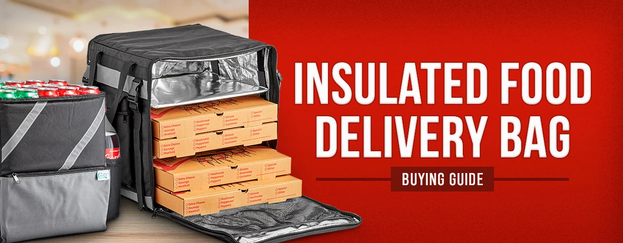 black insulated food delivery bag filled with pizza boxes and cold drinks
