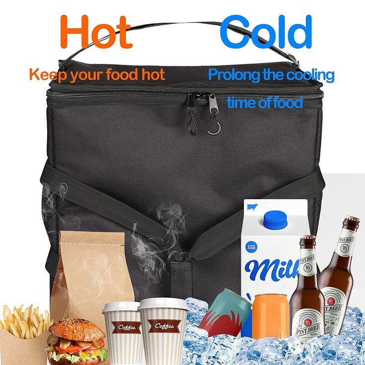 black insulated food delivery bag keeps food hot and cold