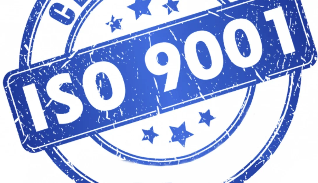 Blue ISO 9001 certification badge with stars and circular design