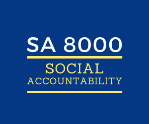 SA 8000 Social Accountability certification logo in blue and yellow