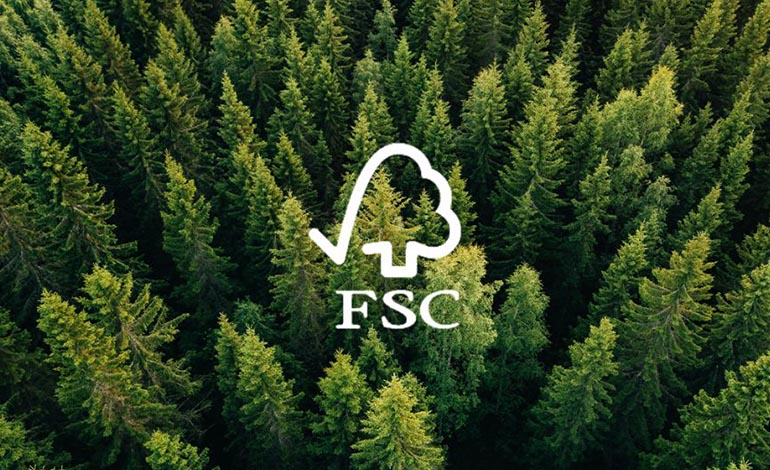 FSC logo over forest canopy, representing sustainable forestry certification