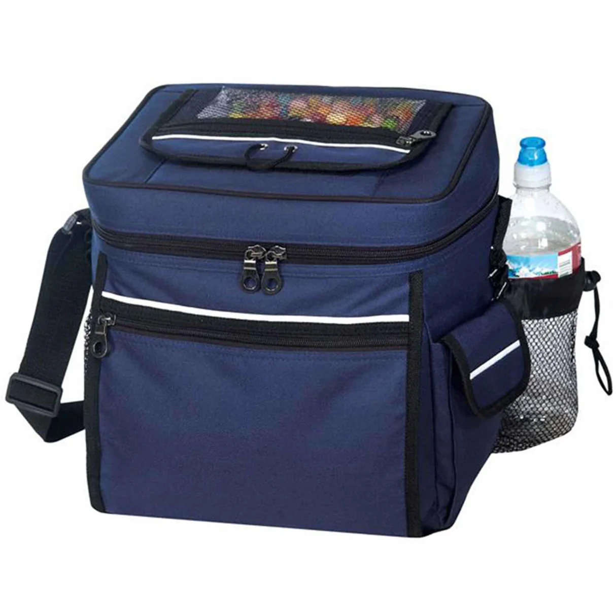 Blue insulated cooler bag with multiple zippered compartments and side bottle holder