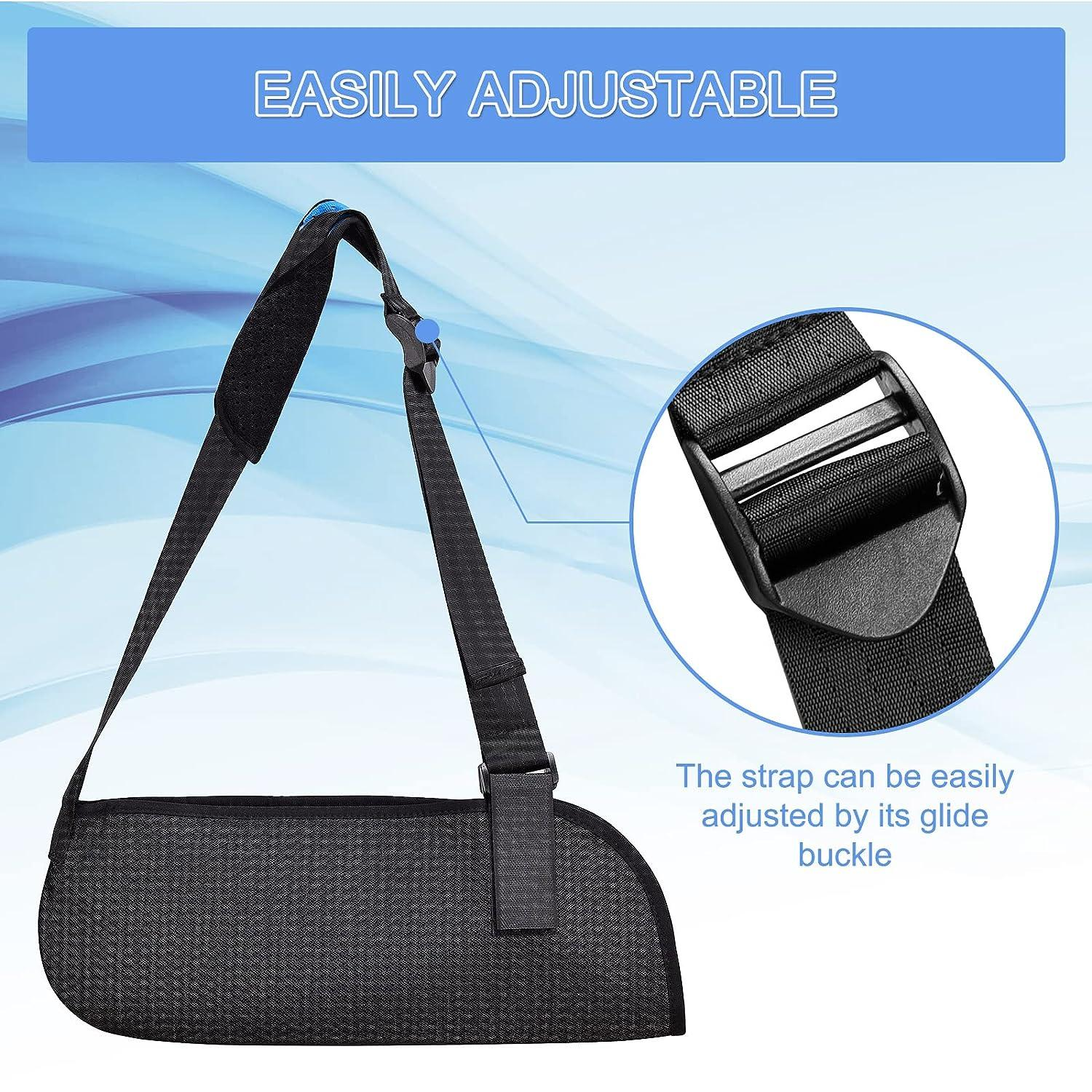 Adjustable black shoulder strap with padded section and glide buckle close-up