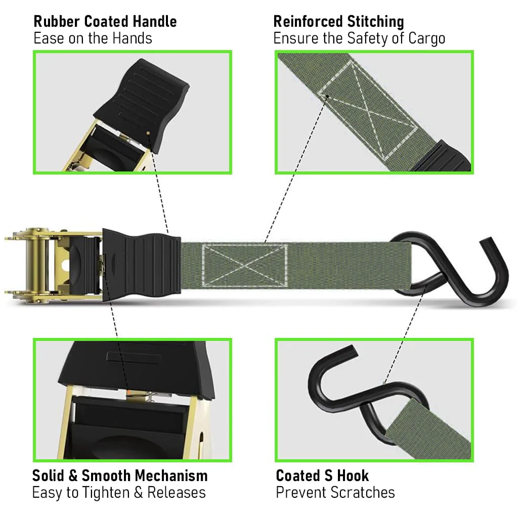 Heavy-duty ratchet strap with rubber handle, coated S hook, and reinforced stitching