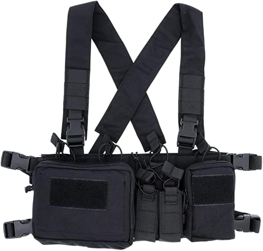 Black tactical chest rig with adjustable straps and multiple pouches