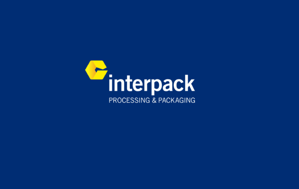 Interpack logo with yellow hexagon on blue background