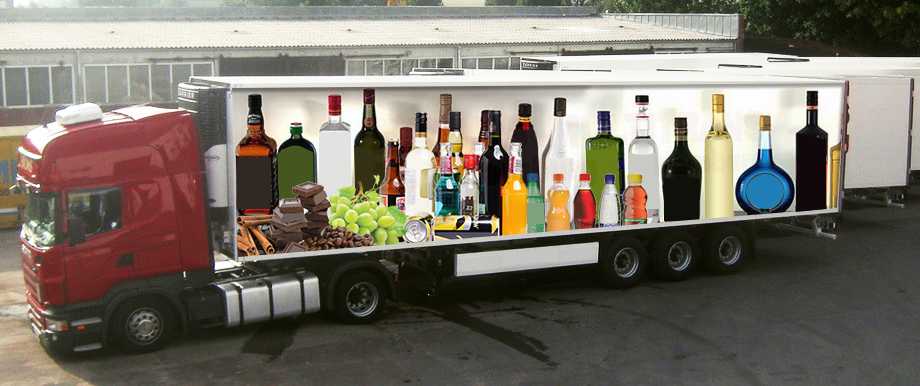 Delivery truck with image of assorted beverages and snacks