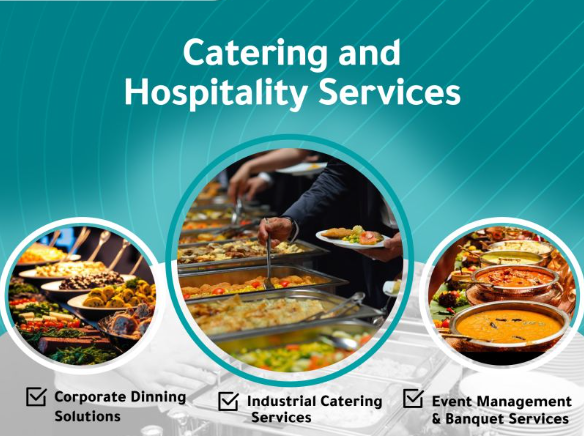 Buffet service with text promoting catering and hospitality services