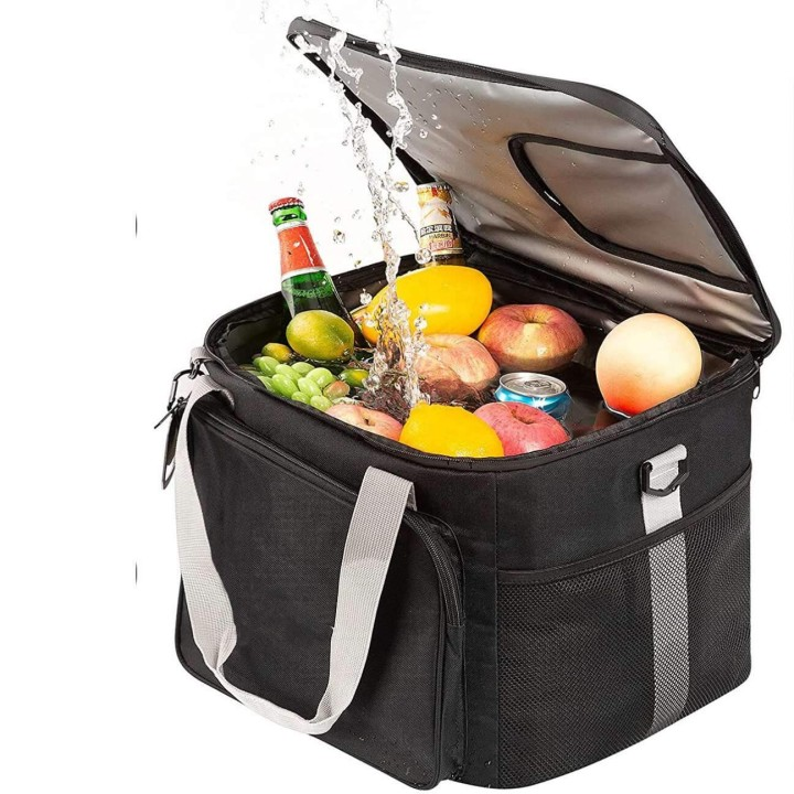 Waterproof insulated cooler bag filled with fruits and drinks
