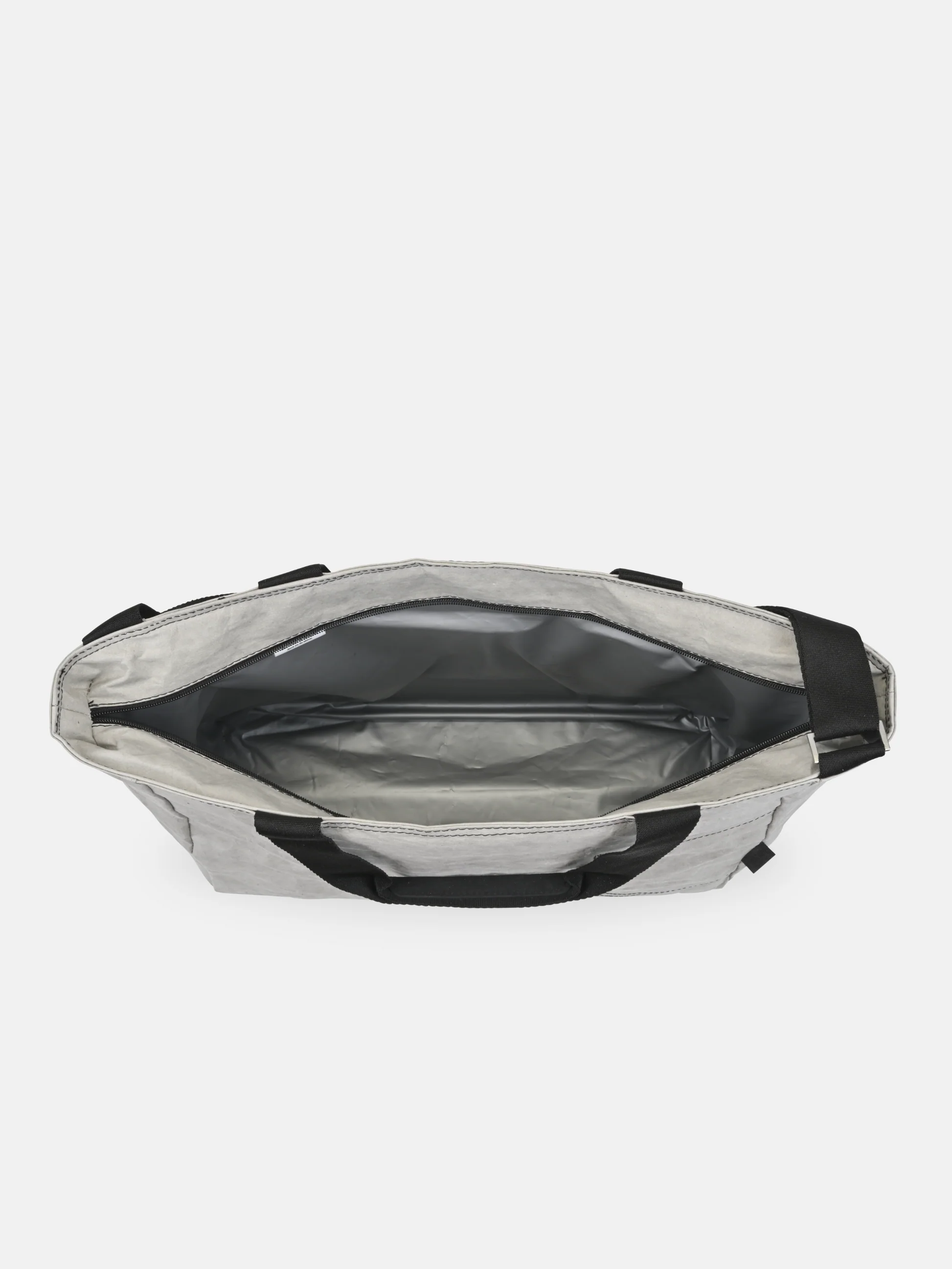 Top view of open silver insulated tote bag with black handles