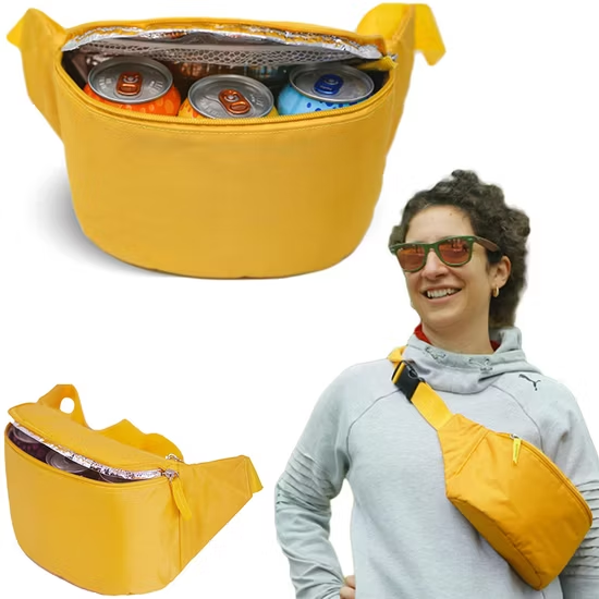 Yellow insulated fanny pack holding canned drinks, worn crossbody by smiling woman