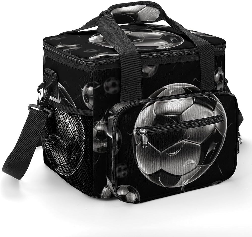 Black insulated cooler bag with soccer ball design and multiple compartments