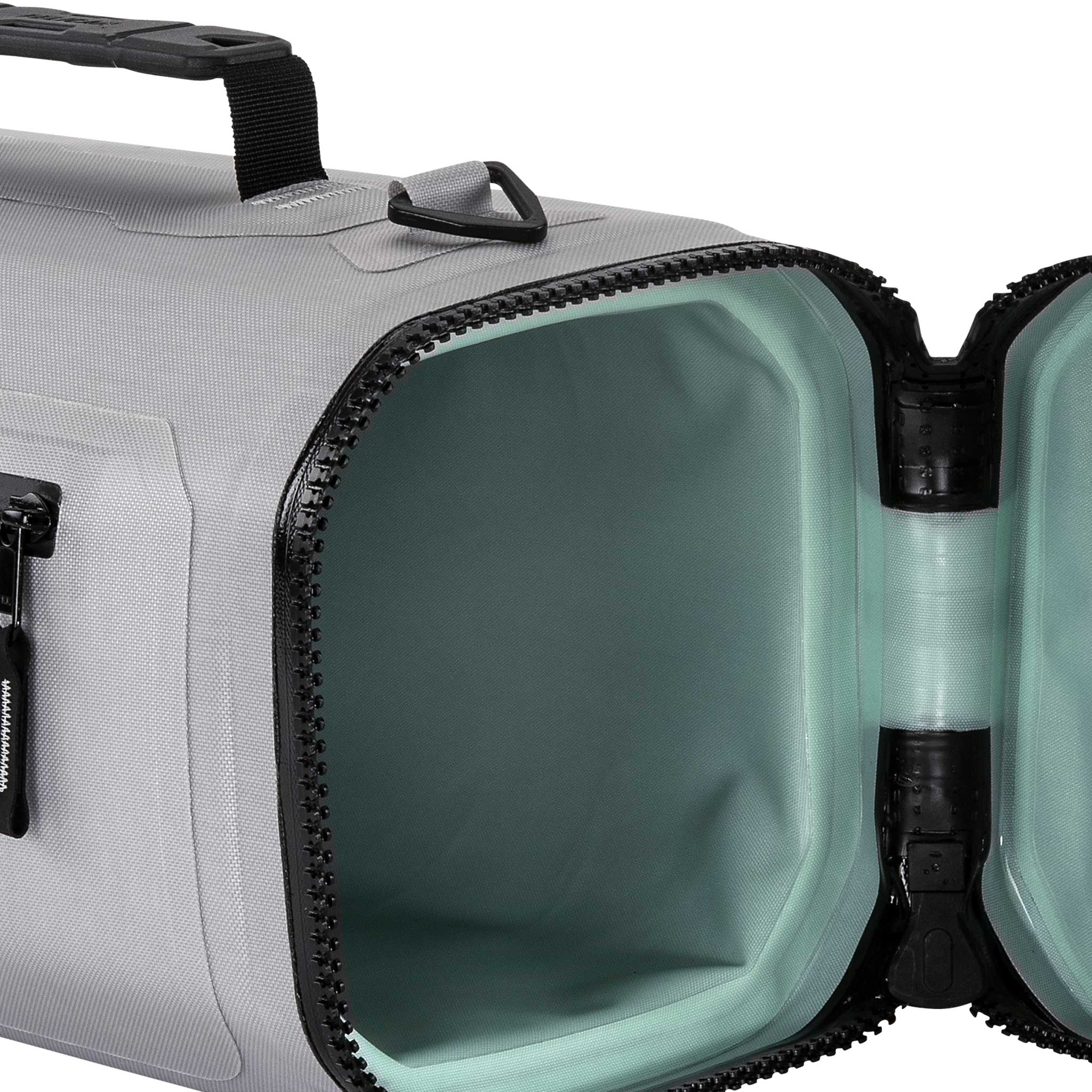 Close-up of open grey waterproof cooler bag with mint green insulated lining