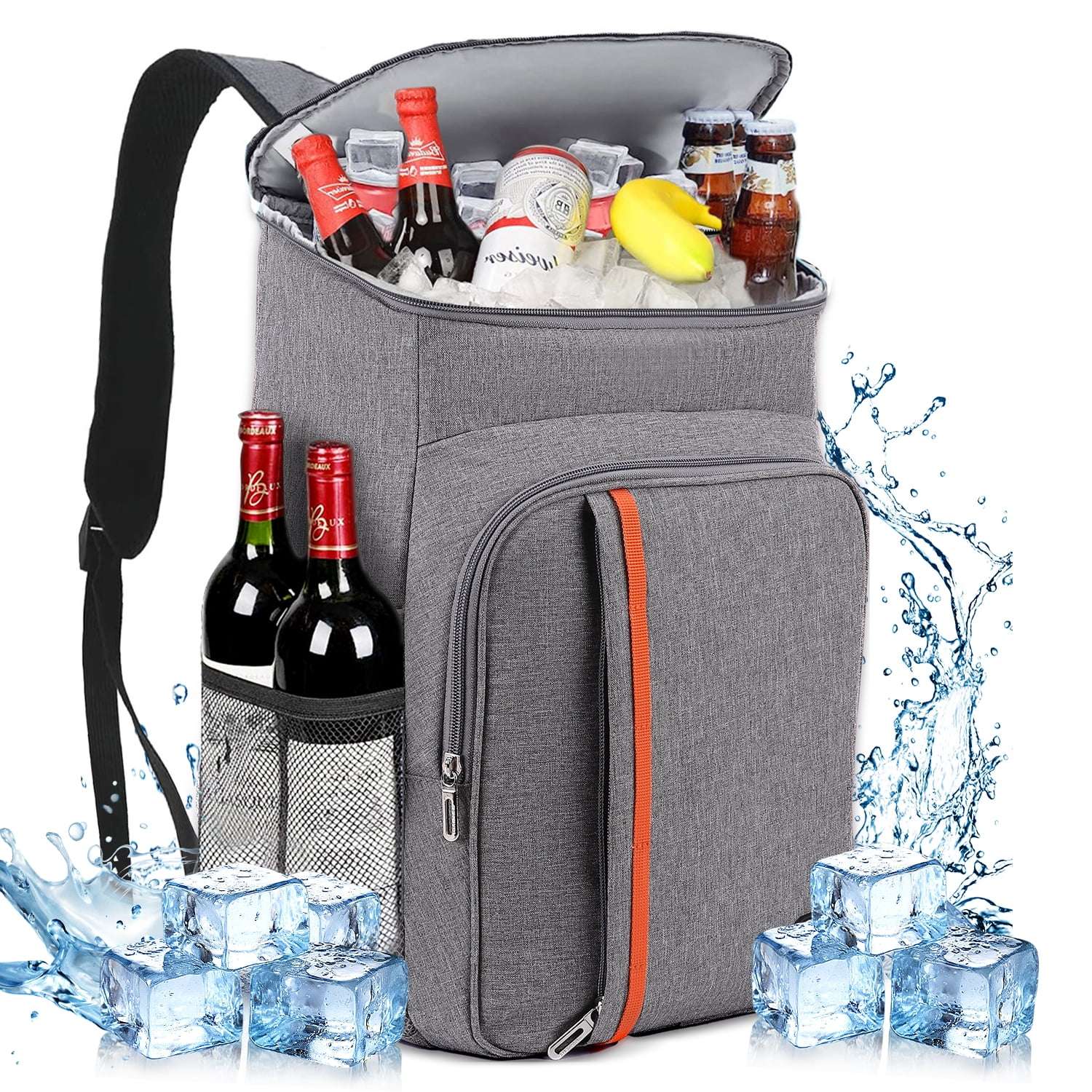 Grey insulated cooler backpack filled with drinks, ice, and fruits