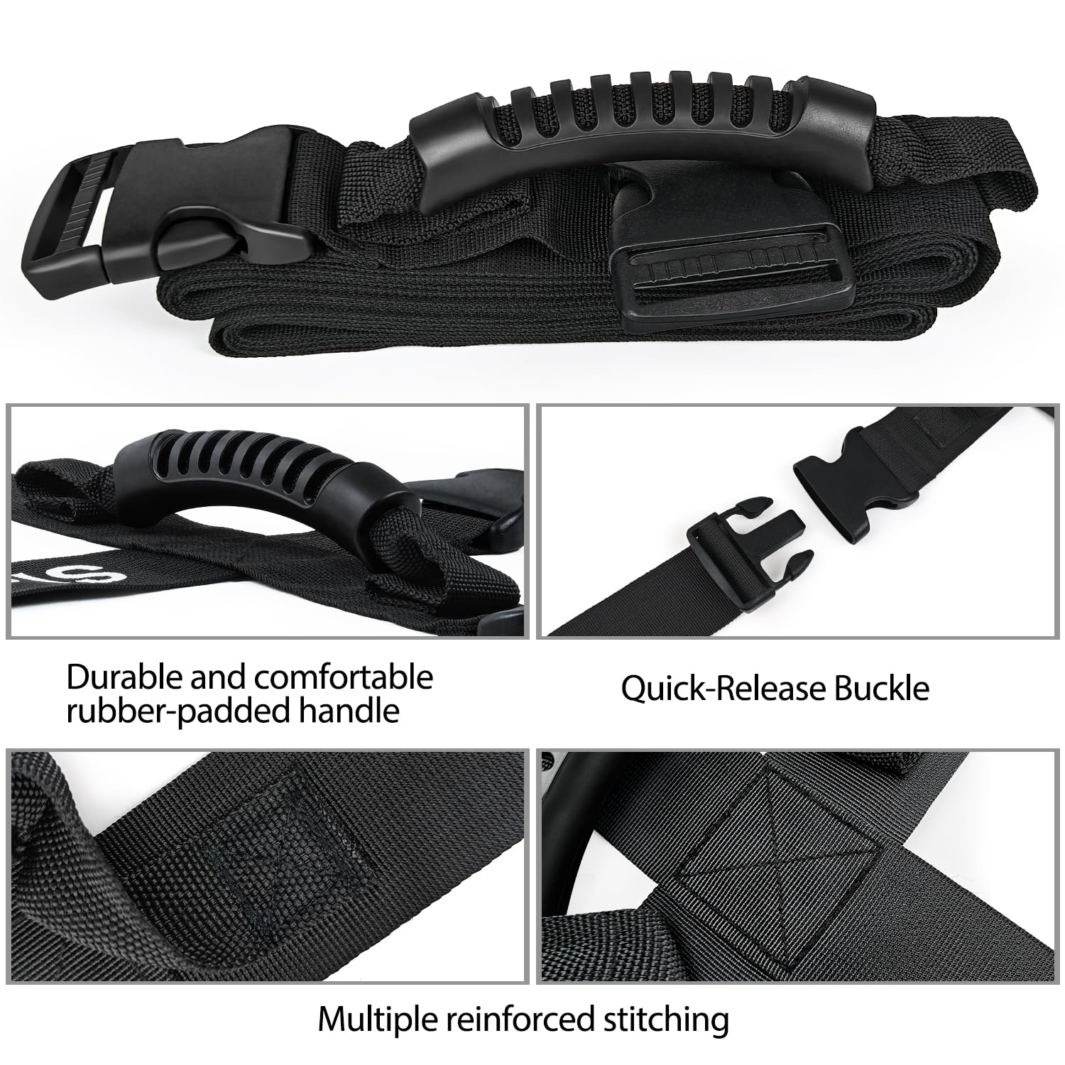 Black adjustable strap with rubber handle, quick-release buckle, and reinforced stitching