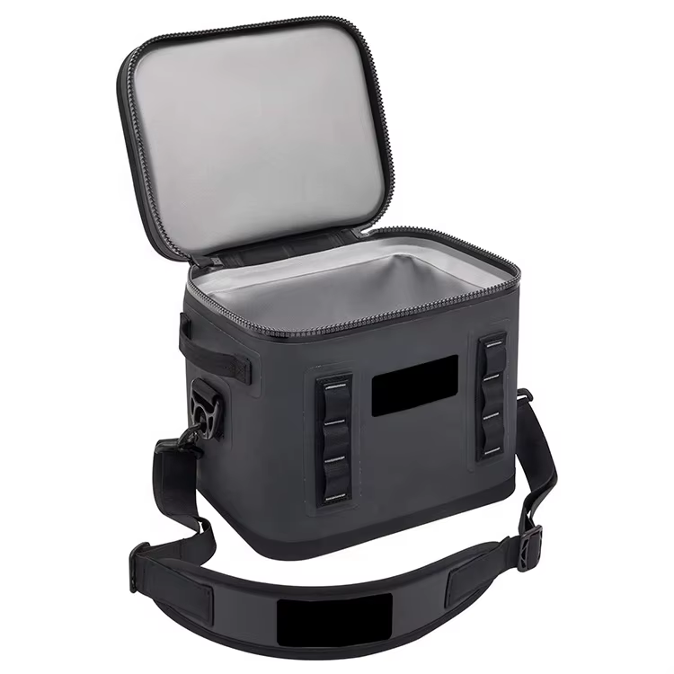 Black waterproof insulated cooler bag with wide shoulder strap and open lid
