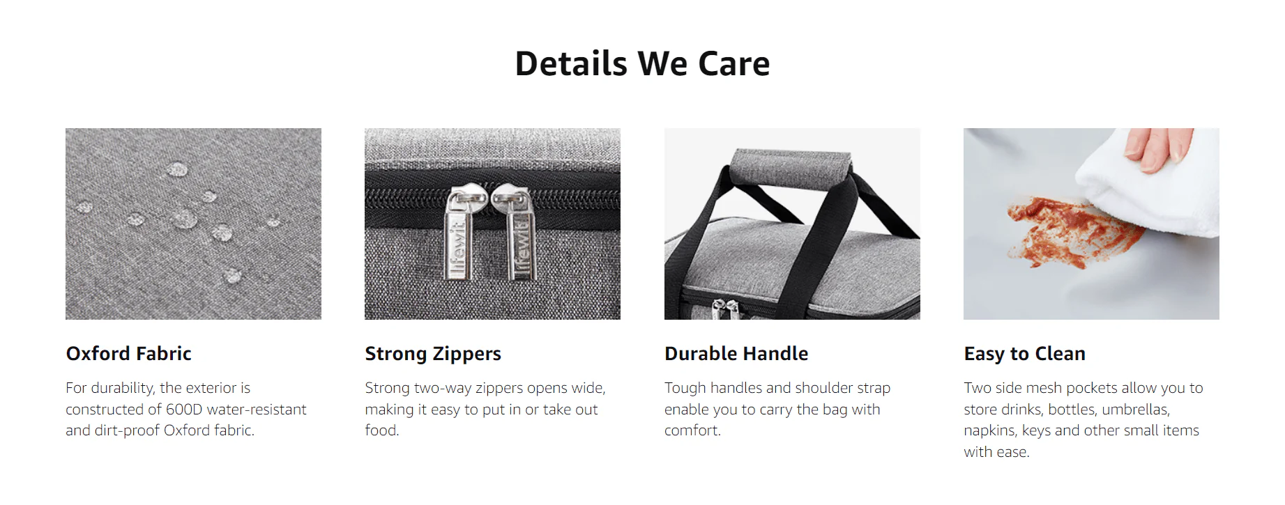 Insulated bag features: waterproof Oxford fabric, strong zippers, durable handle, easy to clean