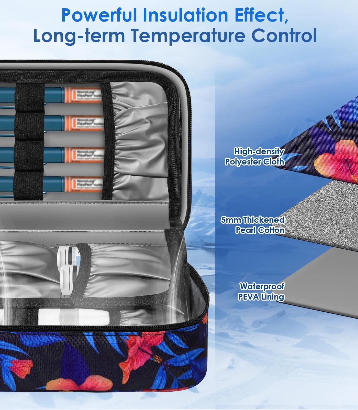 Insulated medicine case with floral print and labeled multi-layer thermal materials