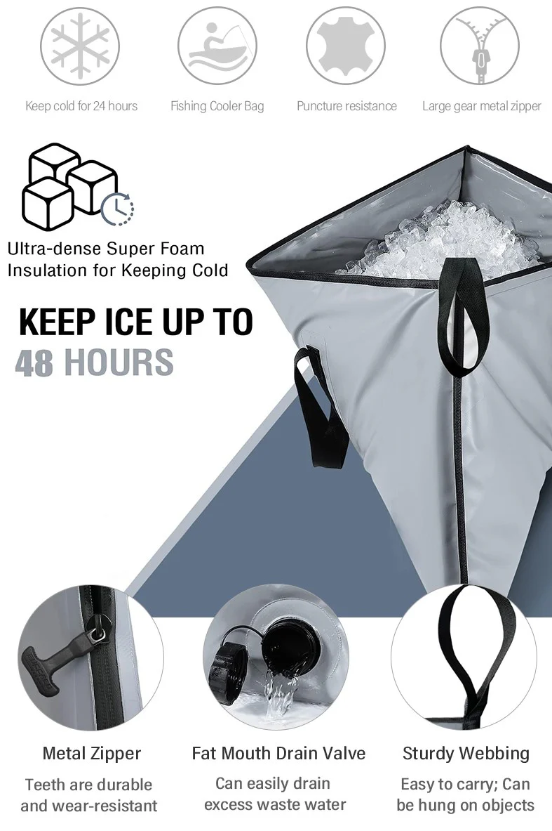 Gray insulated cooler bag with drain valve and metal zipper