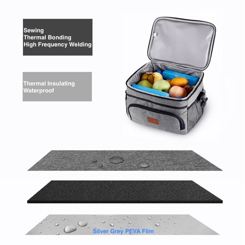 Gray thermal insulated lunch bag with waterproof PEVA lining