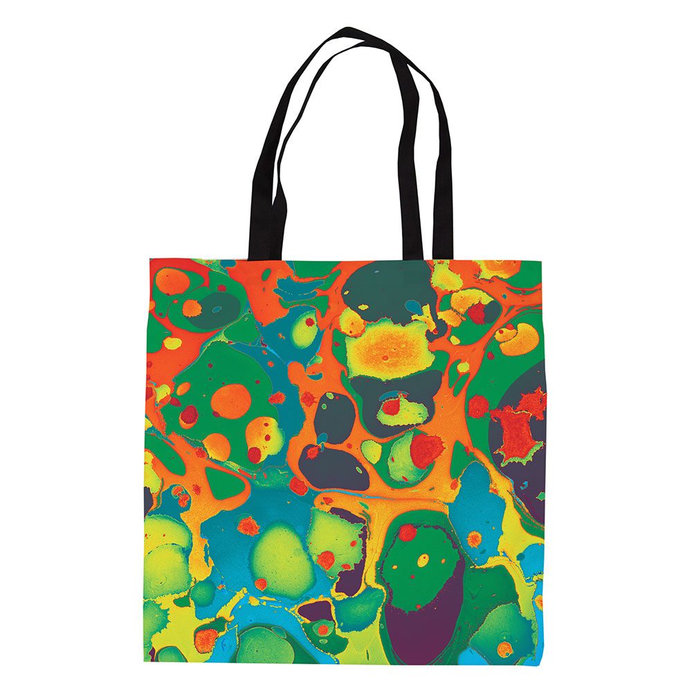 Tote bag with vibrant abstract paint pattern and black handles