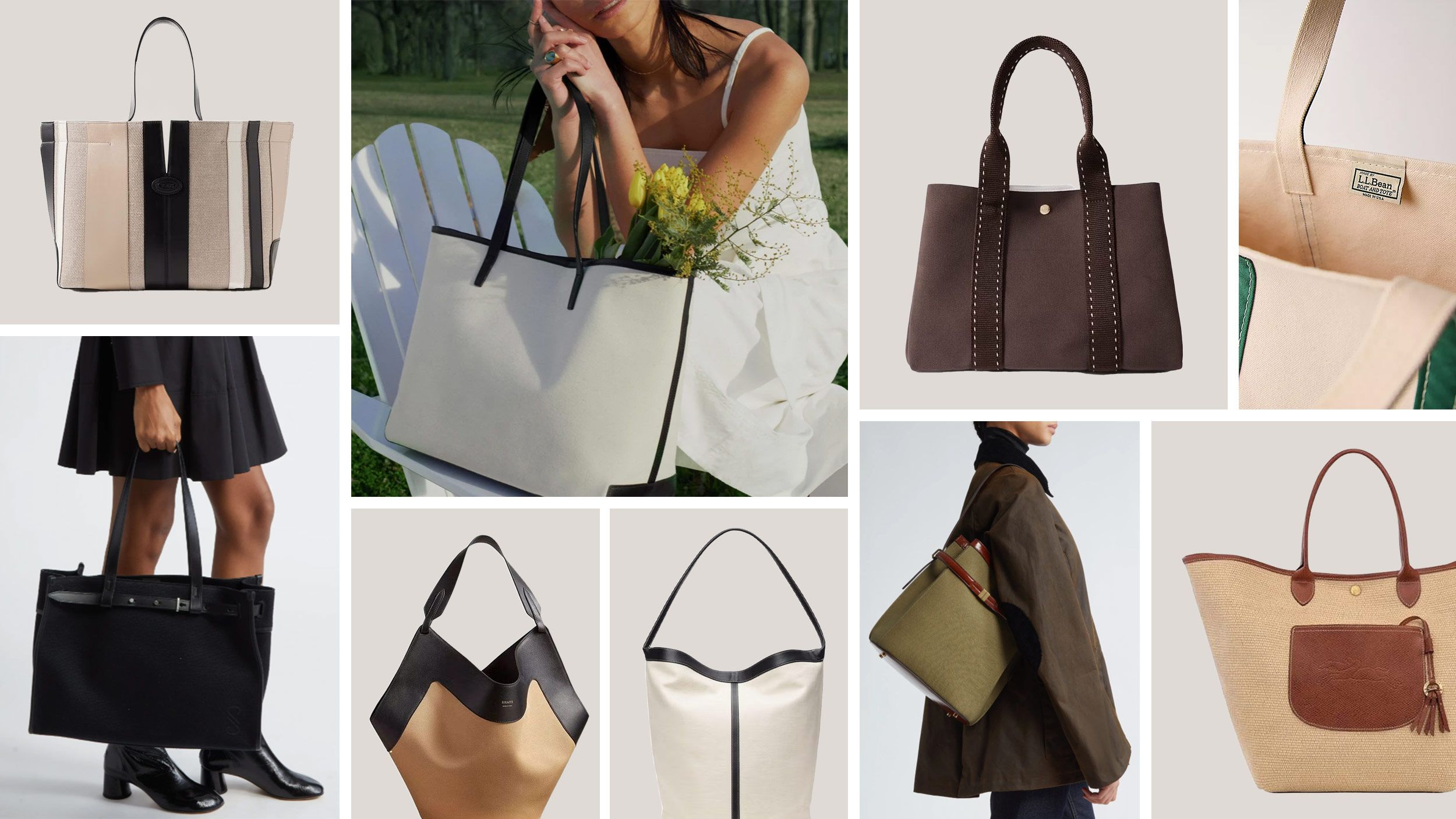 Stylish canvas and leather tote bags in various colors and designs