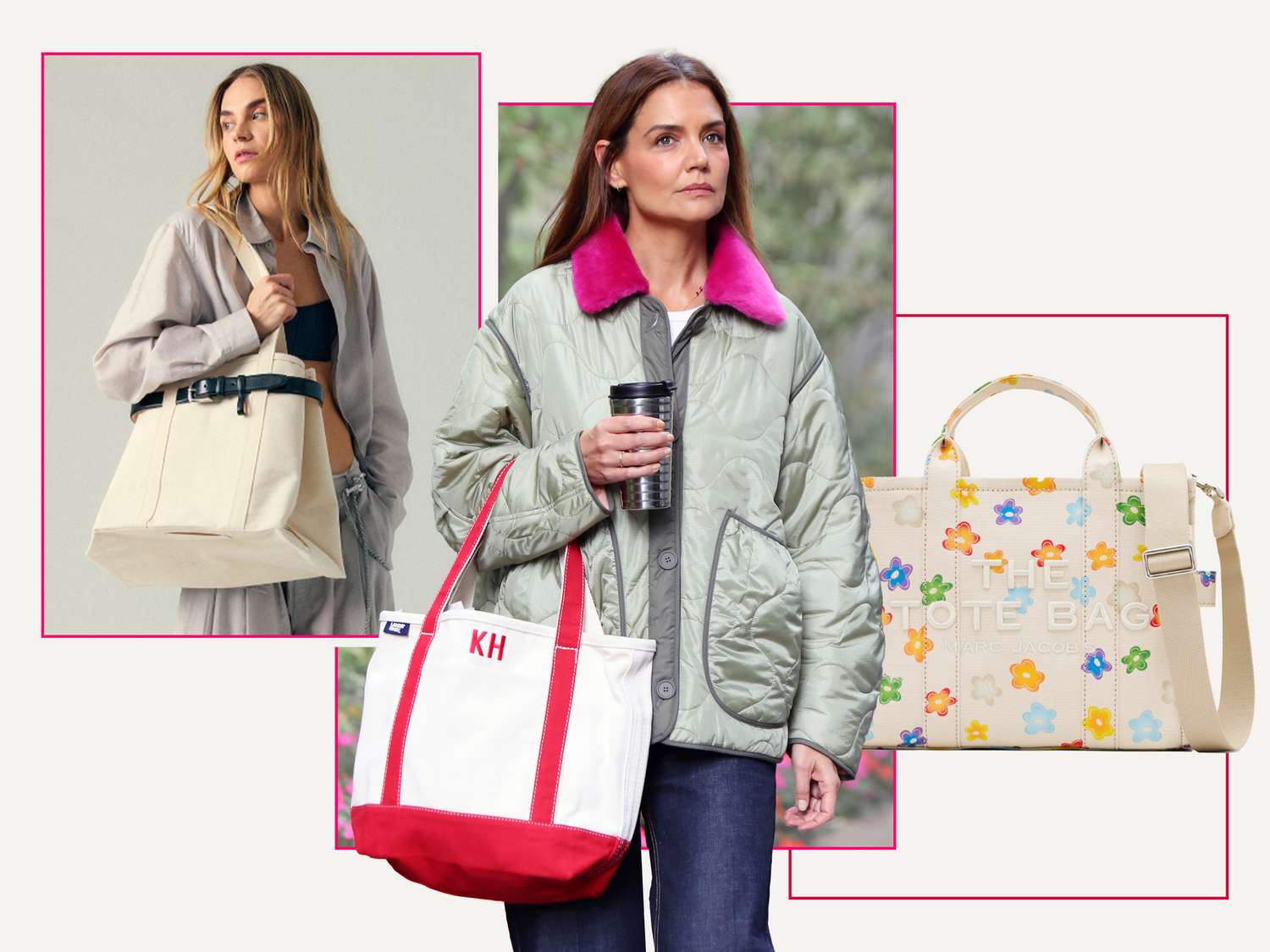 Three women carrying stylish canvas tote bags in various designs