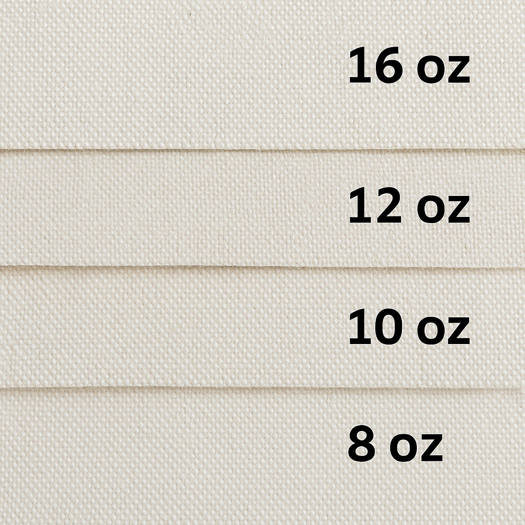 Canvas fabric thickness comparison: 16oz, 12oz, 10oz, 8oz labeled swatches