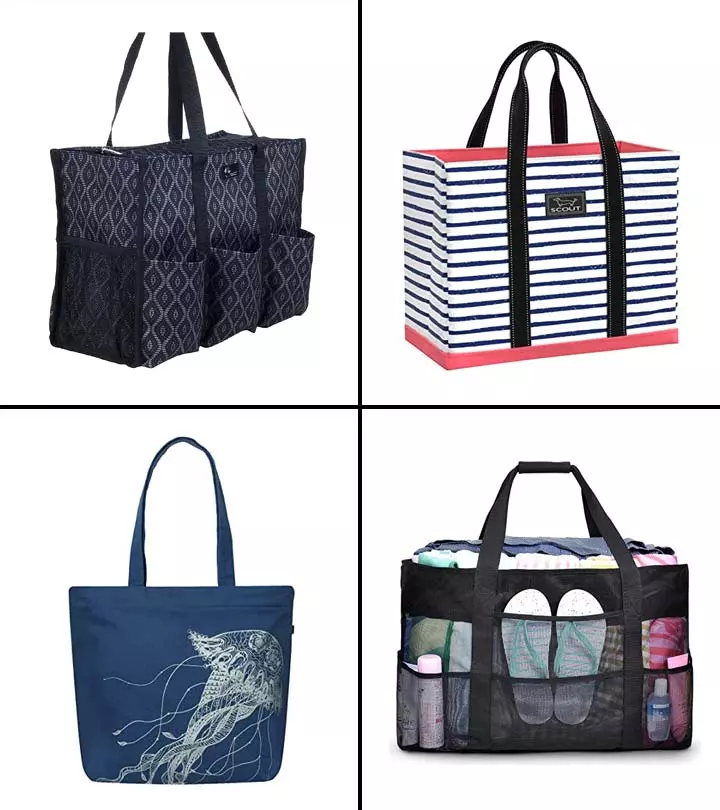 Four different styles of reusable tote bags with various patterns and designs