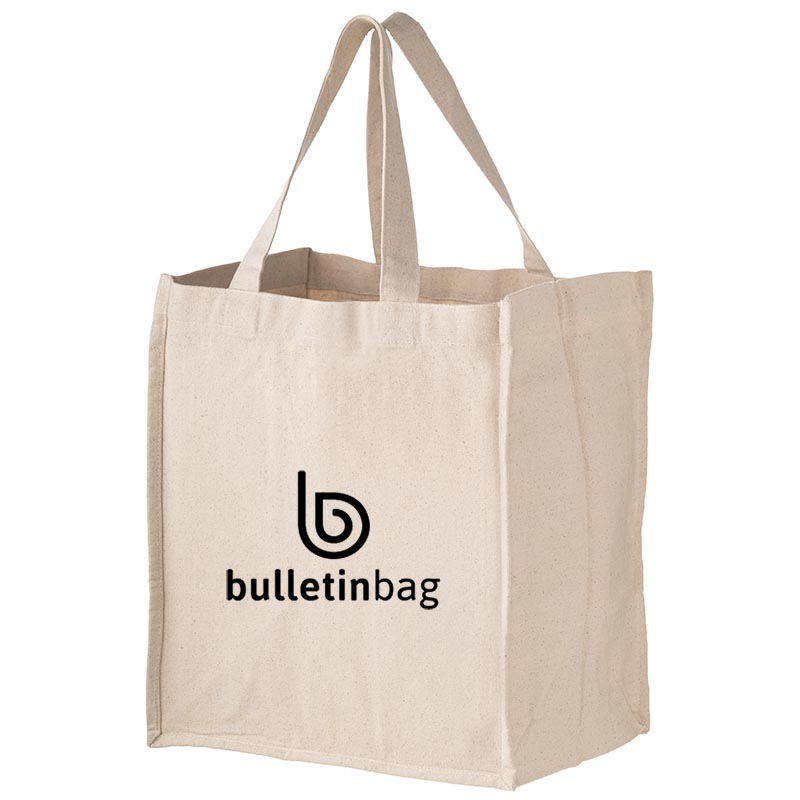 Large natural canvas shopping bag with printed logo and sturdy handles