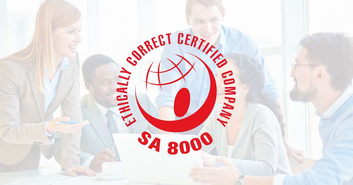 SA8000 ethically correct certified company logo with globe and red symbol