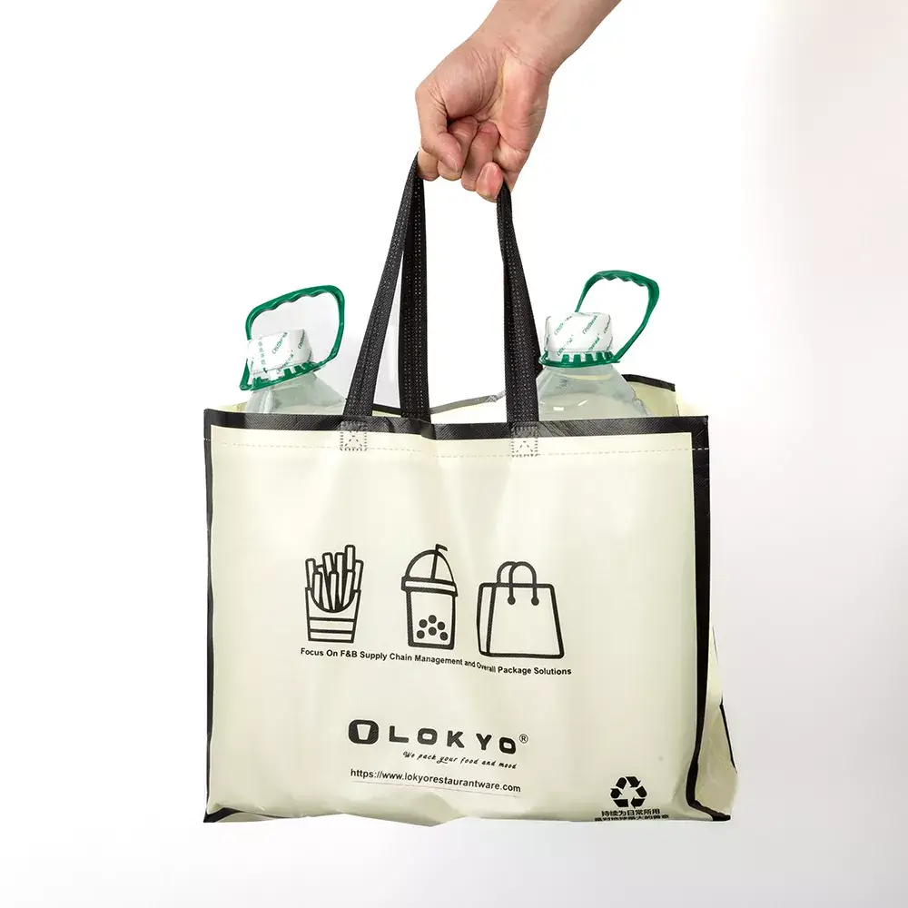 Reusable non-woven tote bag holding heavy bottled drinks