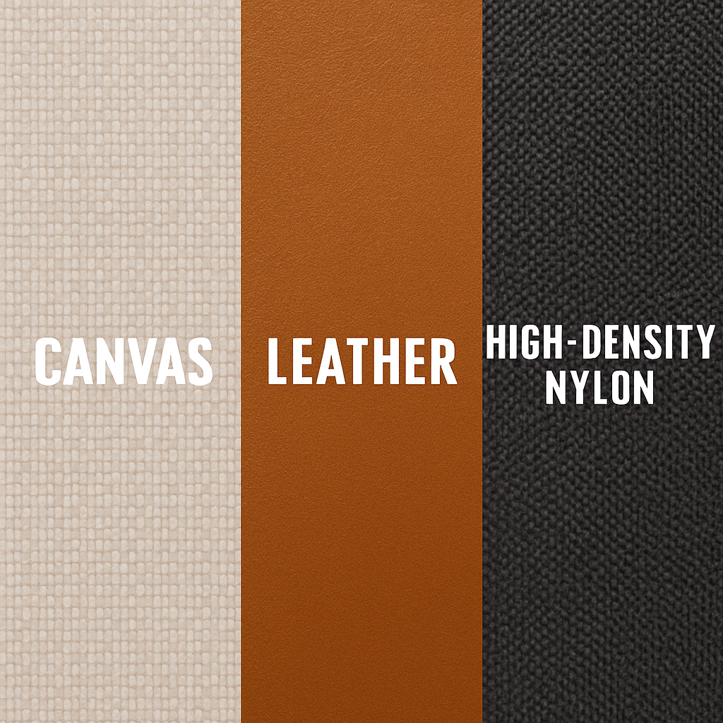 Canvas, leather, and high-density nylon material textures compared vertically