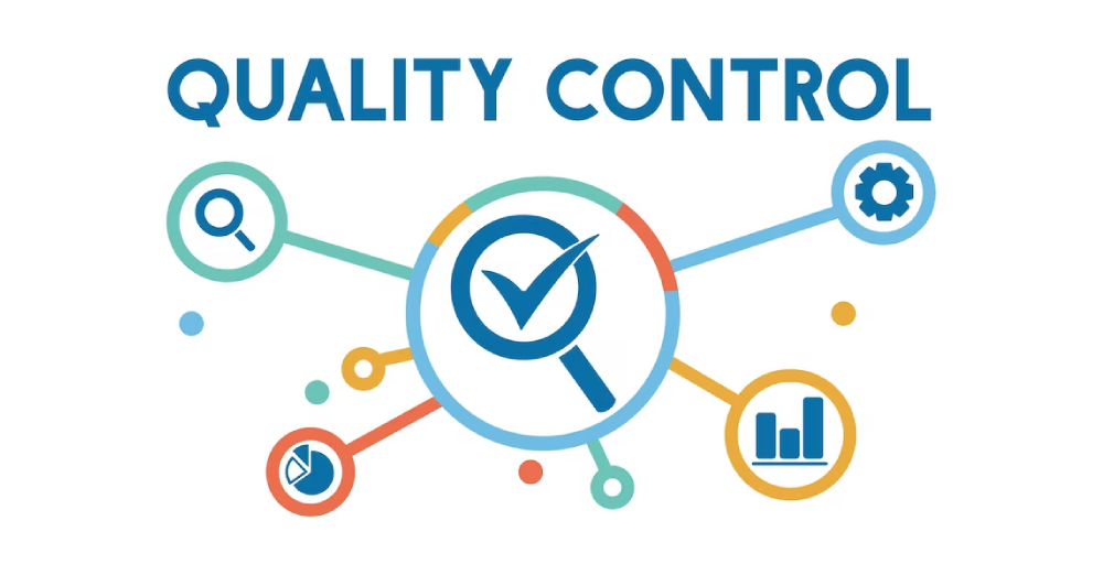 Quality control concept illustration with magnifying glass and icons