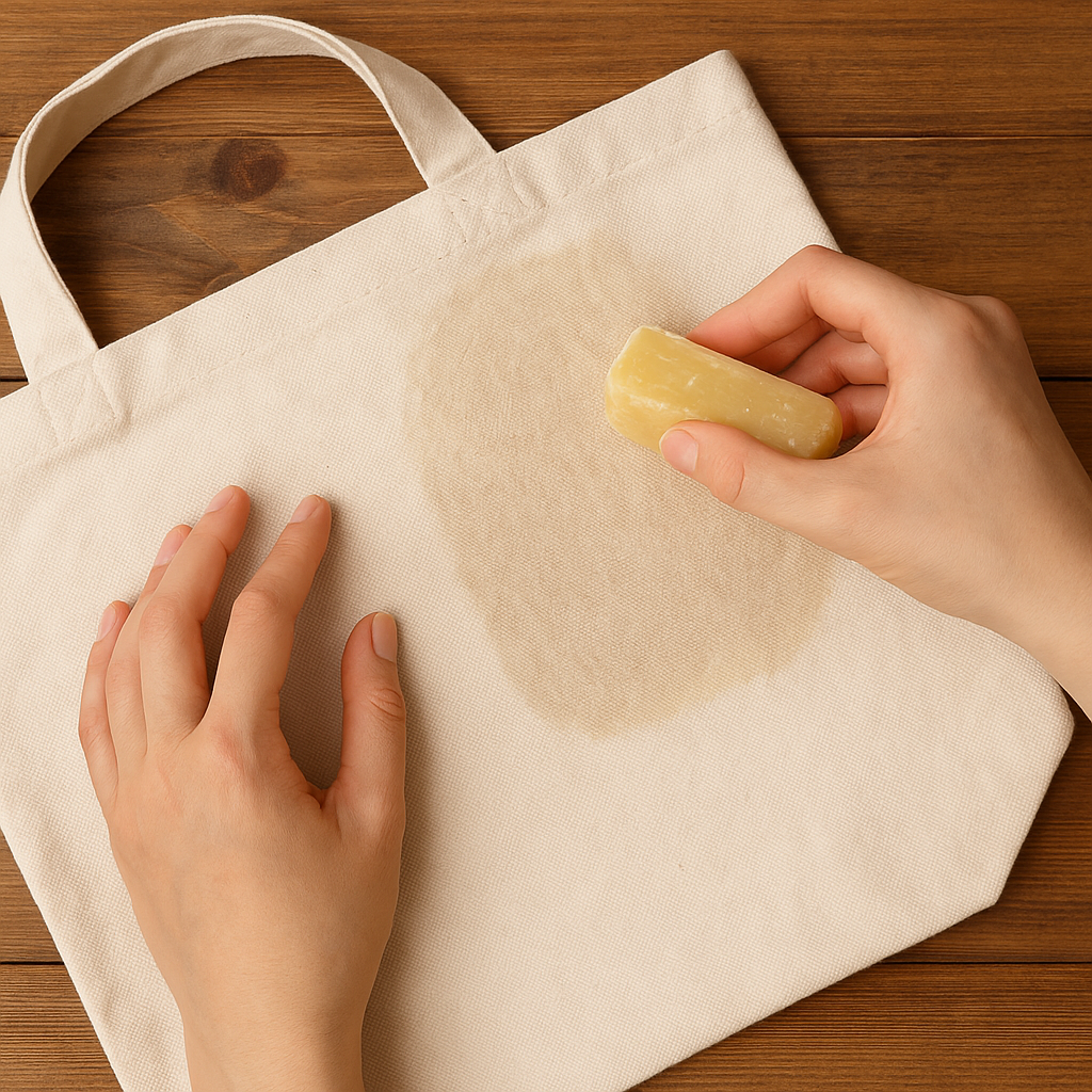 Hand waxing a canvas tote bag on wooden surface