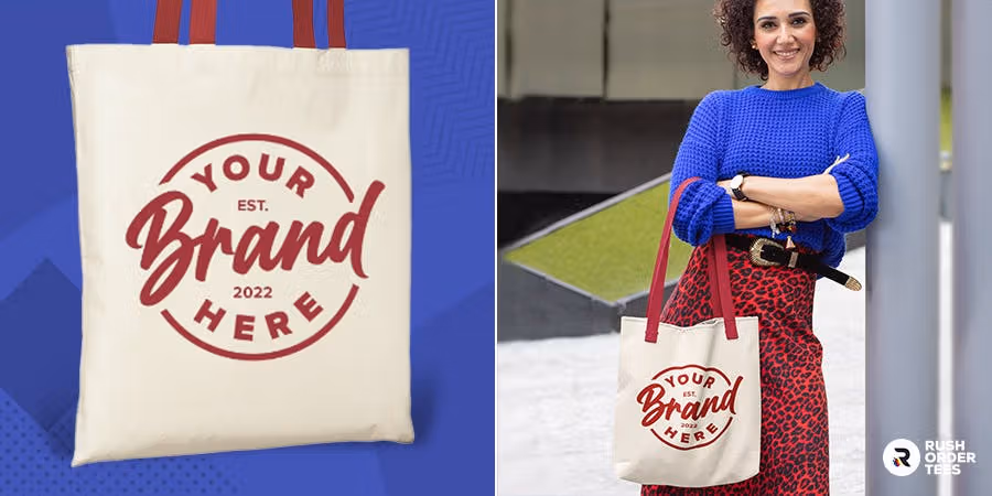 Custom tote bag with red handles and Your Brand Here design