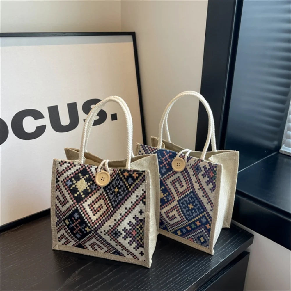 Small jute tote bags with ethnic print and rope handles