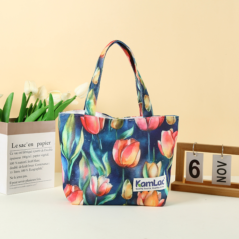 Reusable handbag with colorful tulip print and KamLac label