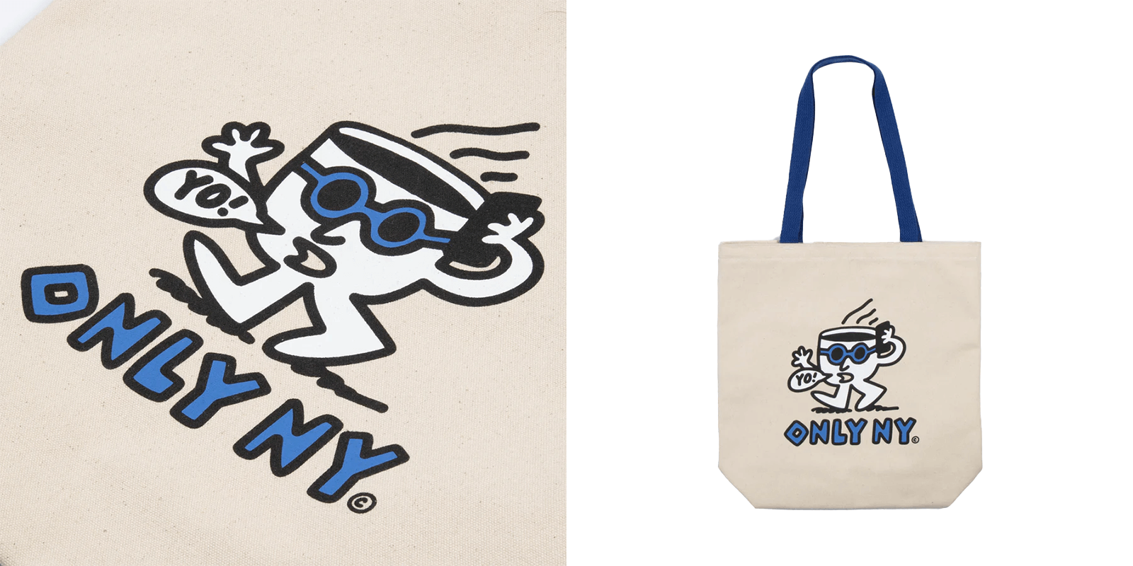 Cartoon coffee cup character on beige tote bag with "ONLY NY" text