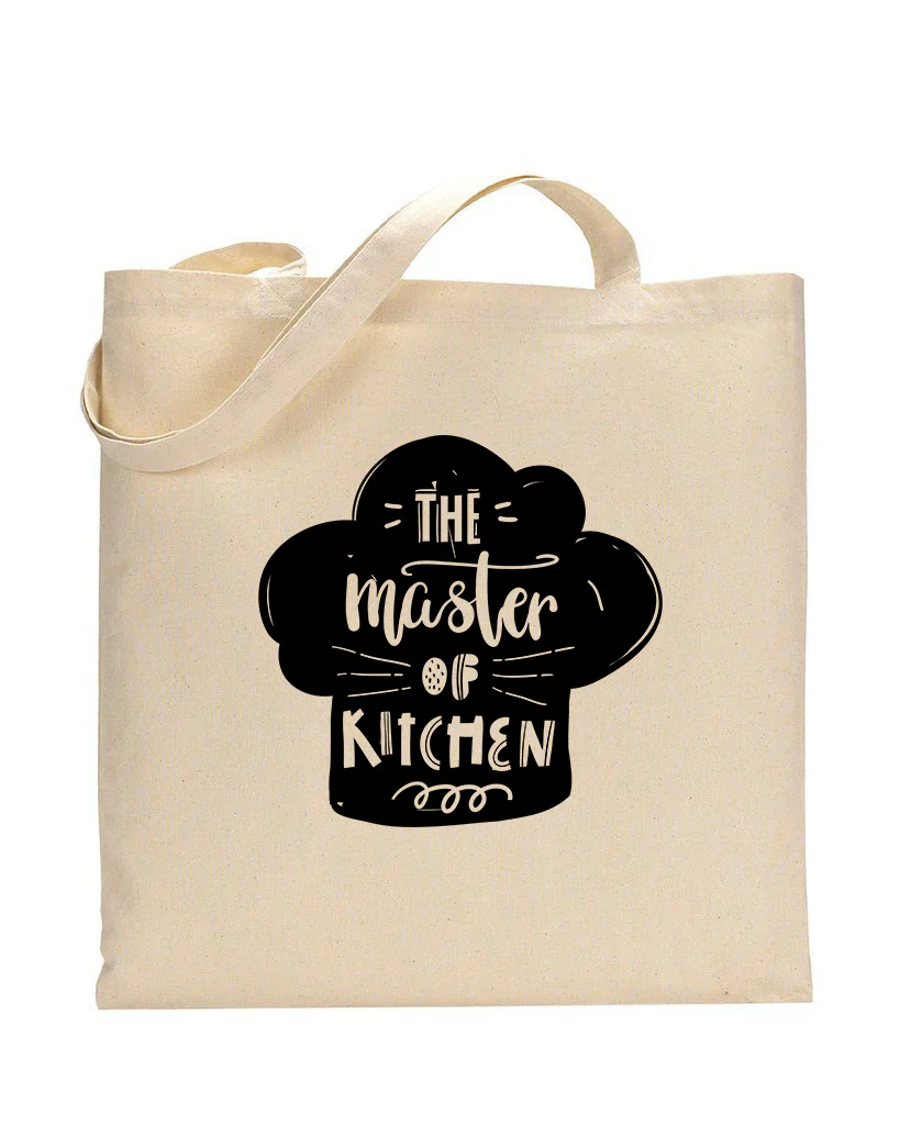 Beige tote bag with black chef hat and "The Master of Kitchen" text