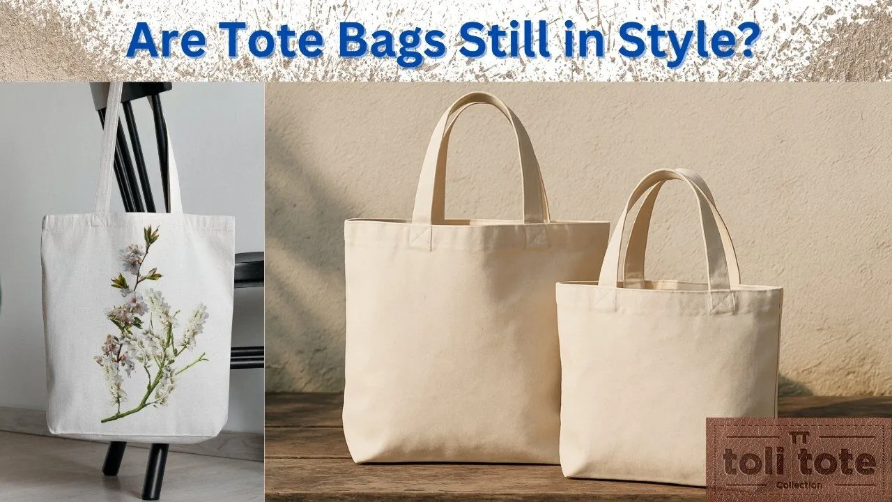 Three canvas tote bags, one with floral print and two plain, displayed stylishly