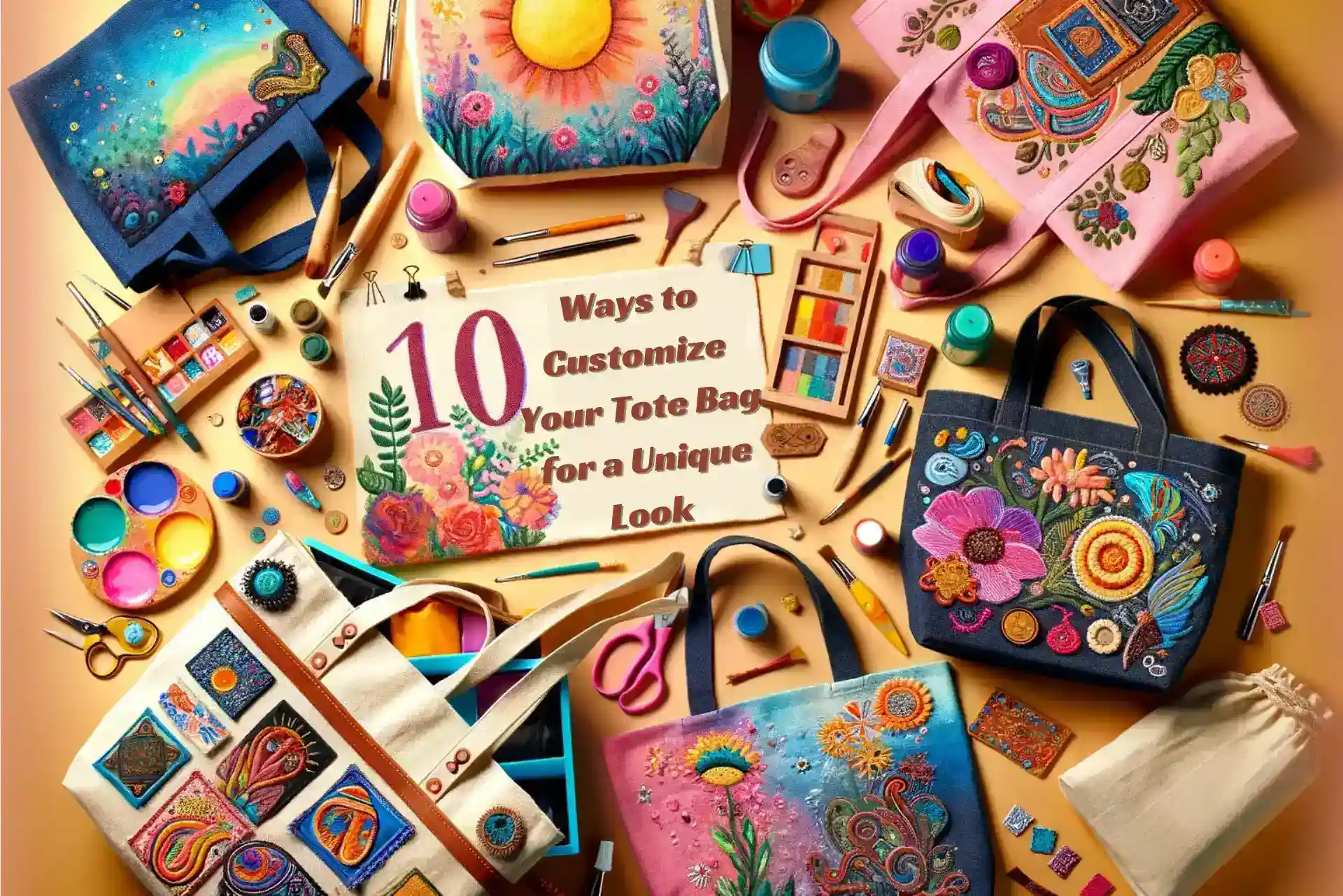 Colorful customized tote bags with embroidery and painting tools around