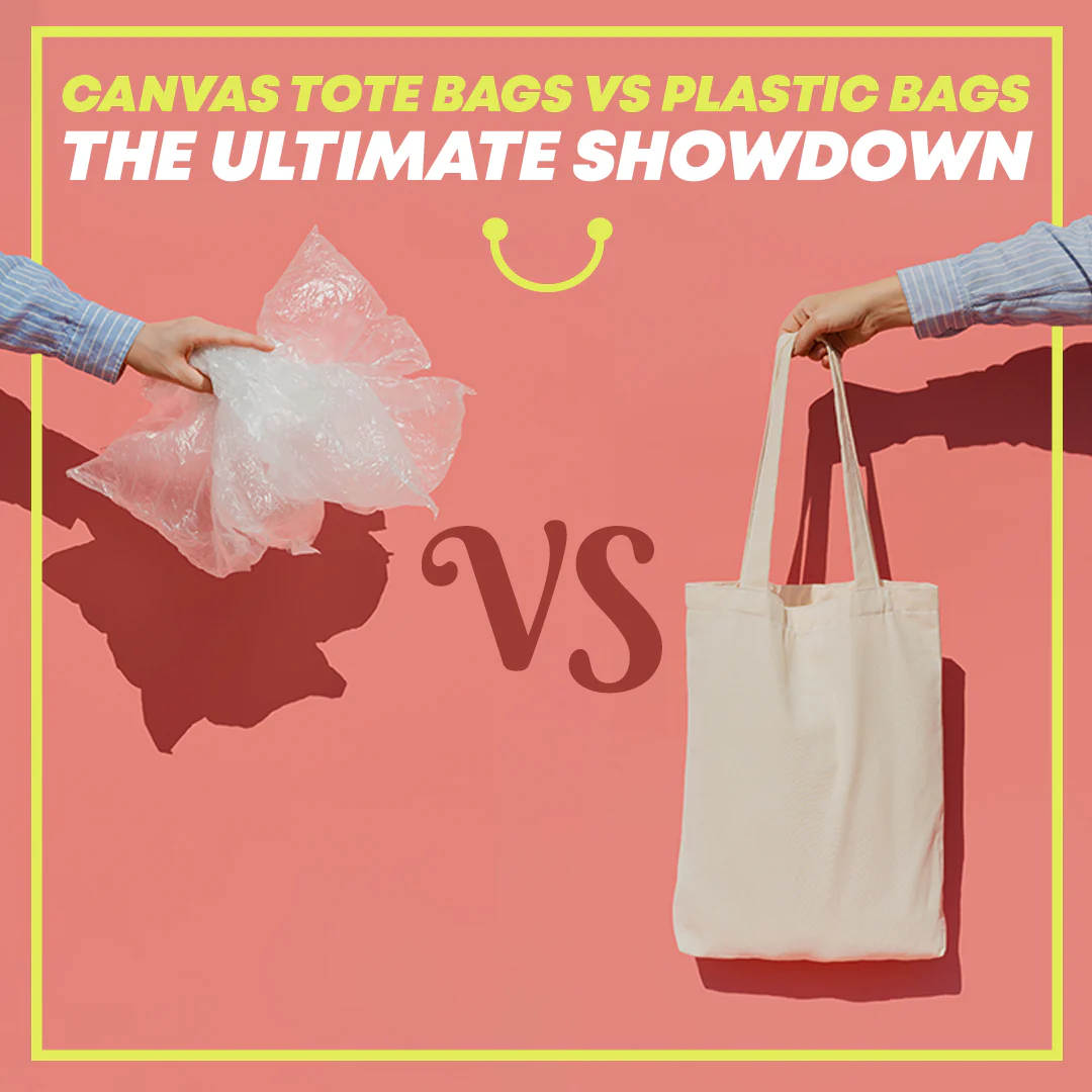 Hand holding plastic bag vs hand holding canvas tote bag on pink background