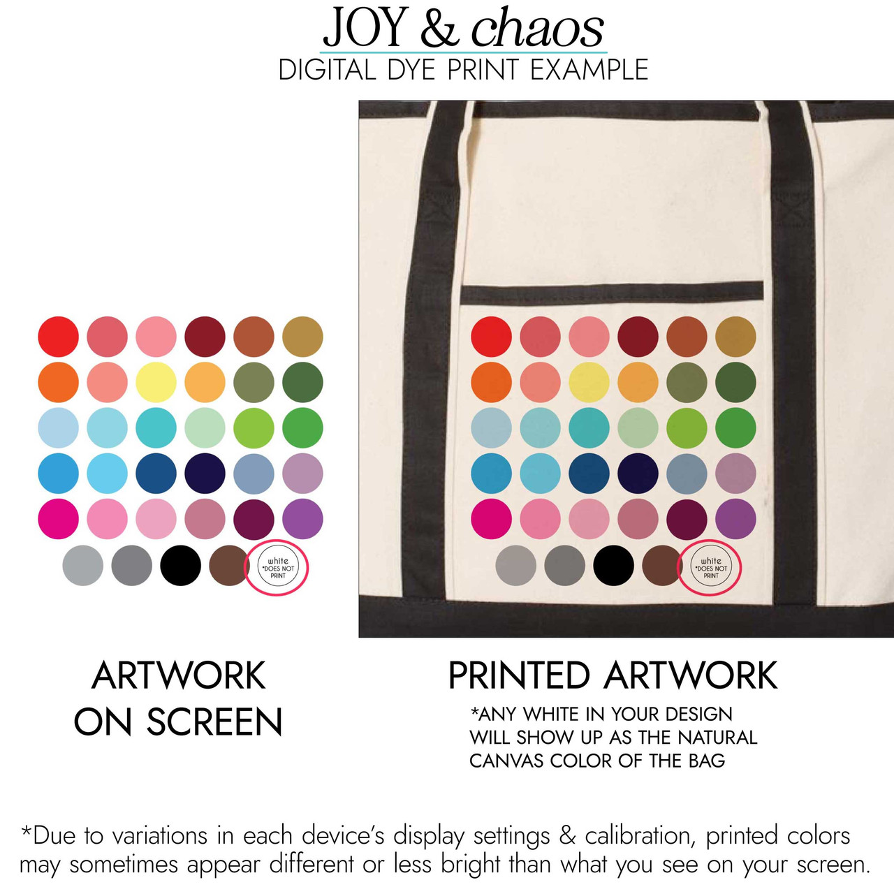 Color swatches comparison on screen vs printed on fabric tote