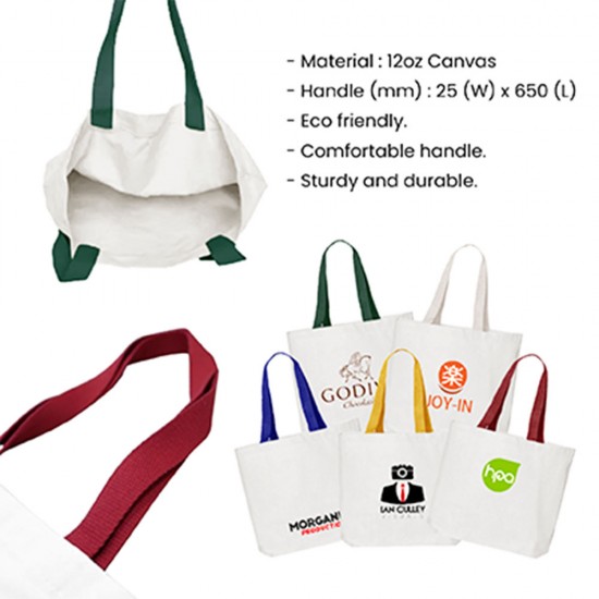 Custom canvas tote bags with colored handles and printed logos