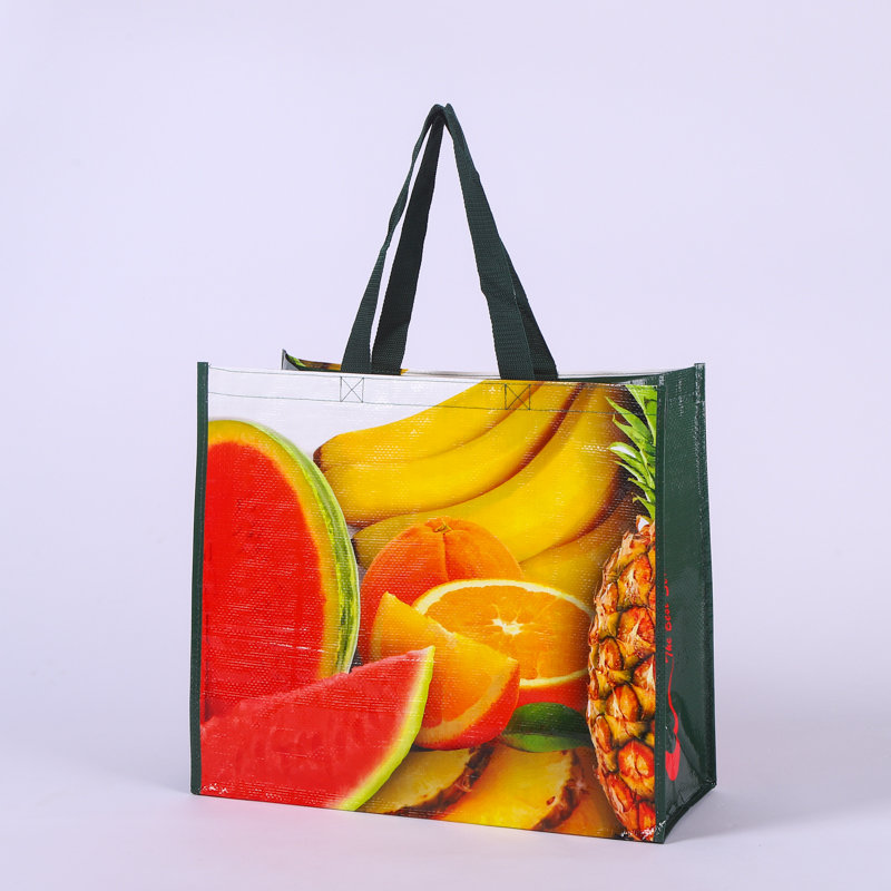 Reusable shopping bag with vibrant tropical fruit print
