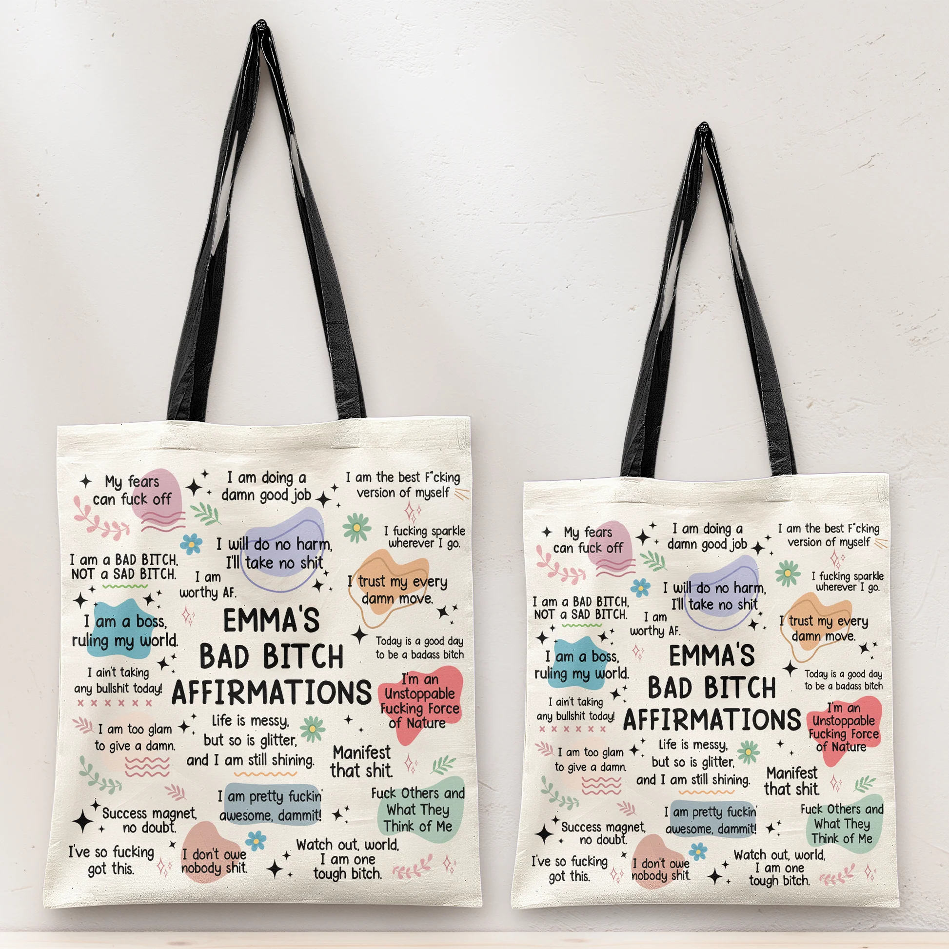 Empowering tote bags with bold and colorful affirmation quotes